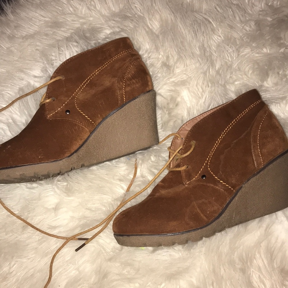 Brown wedge booties
